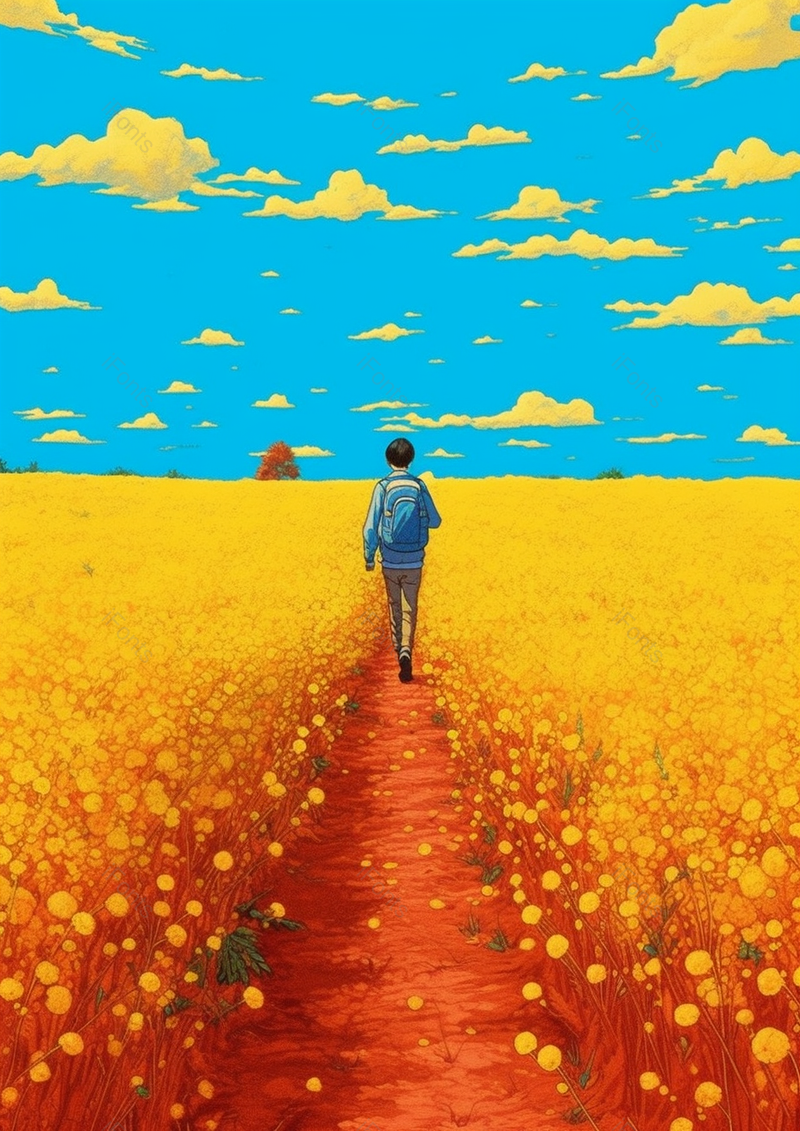 户外背包男孩漫步金色油菜花中芒种手绘插画,插画/手绘图,插画/手绘图库,插画/手绘图下载,插画/手绘